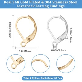 Beebeecraft 1 Box 100Pcs Leverback Earring Findings 24K Gold Plated Brass and Stainless Steel Clasp Earring Hooks 2 Colors Lever Earring Hooks with 1.5mm Horizontal Loops for DIY Jewelry Making