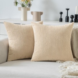 MIULEE Pack of 2, Corduroy Pillow Covers Soft Soild Striped Throw Pillow Covers Set Decorative Square Cushion Cases Pillowcases for Sofa Bedroom Couch 16 x 16 Inch, Beige