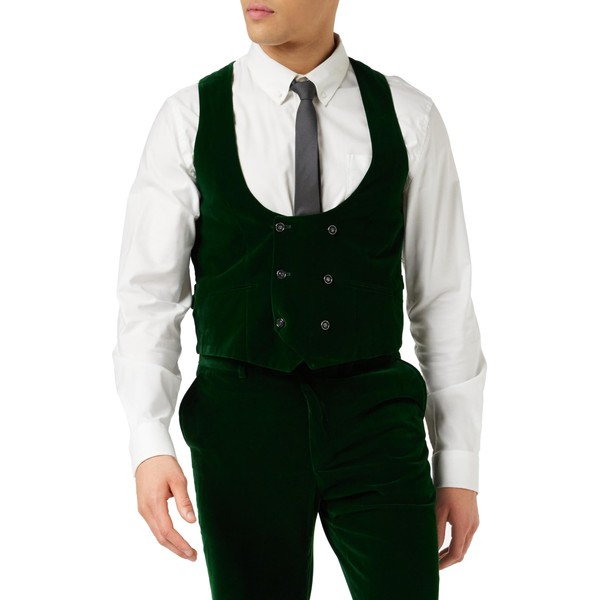 Mens MAK Green Soft Velvet Waistcoat Wedding Party Retro Tailored