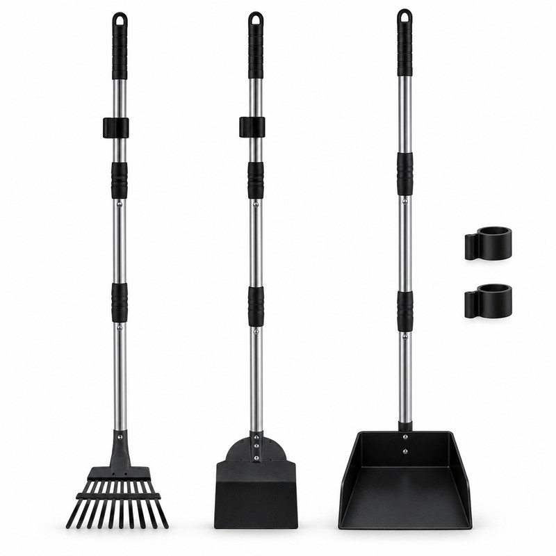 Long Handle Metal Dog Pooper Scooper Set with Rake, Spade