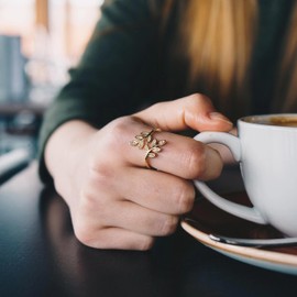 Philip Jones Gold Plated Adjustable Leaf Ring Created with Zircondia® Crystals