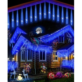 EAGWELL Meteor Shower Lights Outdoor Christmas Lights Falling Rain Lights 12 Inch 10 Tubes Rain Drop Lights Snowfall Icicle Cascading String Lights for Xmas Holiday Tree Garden Decor, Shine Blue