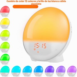 Wake Up Light Sunrise Despertador 12 Colores Luz de Noche Junto a la Cama con simulación de Amanecer/Atardecer 12/24 Horas Visualización 4 alarmas Función de repetición Radio FM y 6 Sonidos Naturales