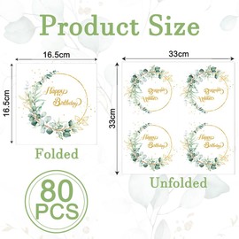 Pack of 80 Eucalyptus Happy Birthday Napkins - Green Birthday Napkins for Table Decoration, 33 x 33 cm, Ideal for Parties & Celebrations