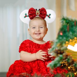 BESALECK 2Pcs Christmas Mouse Ears Hair Hoop Glitter Sequin Bow Headband for Women Elk Antlers Sparkle Headdress Cosplay Headwear Hair Accessories (Mouse Ears-Xmas, 9.05x6.69 inch)