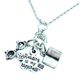 ChubbyChicoCharms Reading is my happiness reading glasses open book 20" Necklace jewelry charm holder book lover readers gift
