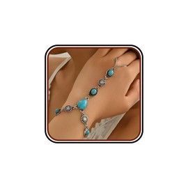 JWIGP Bohemian Turquoise Bracelet for Women, Vintage Silver Chain Hand Boho Blue Bead Western Style Wrist Ring Gypsy Festival Jewelry Gift (Turquoise)