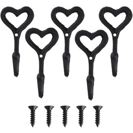 Luabue Pack of 5 Wall Hooks Antique Vintage Cast Iron Antique Iron Hooks Heart Shape Single Wall Hooks for Jackets Towels Clothes Hats with 5 Screws Black