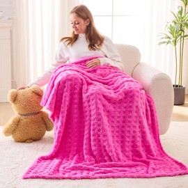 NEWCOSPLAY Super Soft Twin Blanket Pink Premium Silky Flannel Fleece 3D Waffle Checkered Lightweight Bed Blanket All Season Use (Hot Pink, Twin(60"x80"))