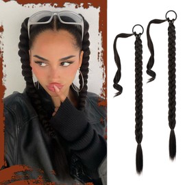 Sofeiyan Long Braid Ponytail Extension with Hair Tie Straight Sleek Wrap Around Hair Extensions Braid Pony Tail Fluffy Natural Soft Synthetic Hairpieces for Women Daily Wear, 2Pcs 26 inch-Black Brown