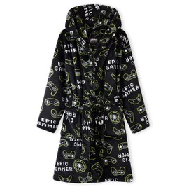 CityComfort Boys' Bathrobe, Children's Fluffy Dressing Gown for Gamers, Fleece Children's Bathrobe with Hood and Side Pocket, Soft Bathrobe Children, Black Aop.