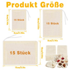 QINGHEC Pack of 45 Spice Bags, Spice Bags for Cooking, Cotton Tea Bags with Drawstring, 3 Sizes, Tea Filter Bags, Empty Tea Bags for Self-Filling for Loose Tea, Teapot, Coffee