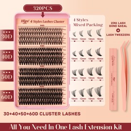 Cluster Lashes Kit 4 Styles Individual Lashes, Higu clace Lash Clusters kit Mix 10-18mm DIY Eyelash Extension Kit, 320pcs Eyelashes Individual Kit with Lash Bond & Seal and Applicator(30D+40D+50D+60D)