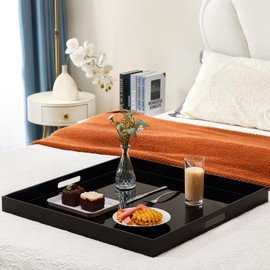 17×17 inches Big Black Acrylic Serving Tray with Handles Ottoman Tray Large Decorative Tray Spill-Proof King-Size Safe Edge Organizer Tray for Coffee Table Countertop Breakfast Tray