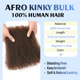 Afro Kinkys Bulk Human Hair For Braiding 18 inches 50Gram/Pack Color 4# Afro Kinky-Curly Human Hair Bulk For Mini Twist Hair (18 inch, 4#)