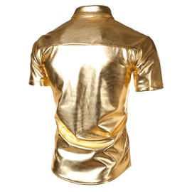 JOGAL Men's 70s Disco Shiny Metallic Gold Silver Short Sleeve Button Down Shirts Small Gold