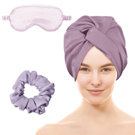 Amgkonp Adjustable Silk Satin Hair Bonnet for Sleeping, Double Layer Hair Wrap Sleep Cap Turban with Hair Scrunchies and Silk Eye Mask,Night Turban for Large Long Curly Braid Women (Purple)