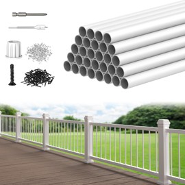 CKE 30 Pack 26" White Round Aluminum Balusters, White Aluminum Spindles with Screws& Conectors for Indoor Outdoor, 3/4" Diameter Hollow Deck Round Balusters for Wood and Composite Deck Balusters