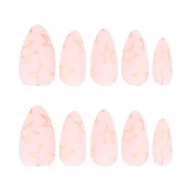24Pcs Gold Star Almond Press on Nails False Nails Medium Almond Shaped Full Cover Stick on Nail Artificial Glossy Acrylic Fake Nails DIY Manicure Decoration for Women