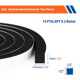 MAGZO Weather Stripping Door Seal, 1/2 Inch Wide X 1/2 Inch Thick Adhesive Foam Tape Soundproof Weatherstripping for Windows, 2 Rolls Total 13FT Black