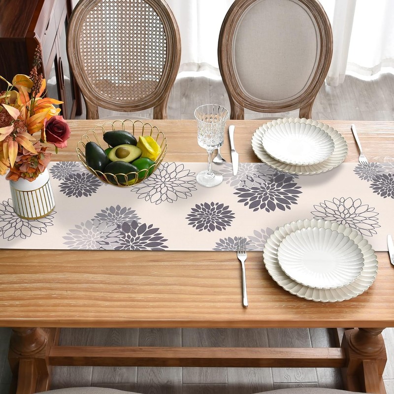 Inhobbok Table Runner Light Grey Dahlia Flower Linen Modern Attractive