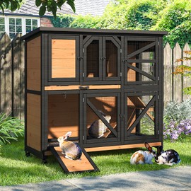 TIMHAKA 2 Story Rabbit Cage with Run, 47.3" Indoor & Outdoor Rabbit Hutch, Bunny Cage for Guinea Pig, Wooden Design with 2 Removable Tray, Waterproof Roof & 4 Metal Wheels for Small-Medium Animals