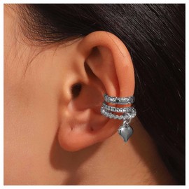 Inilbran Boho Heart Dangle Ear Cuff Earrings Vintage Heart Clip On Earrings Silver Heart Drop Cartilage Earrings No Piercing Clip Earrings Jewelry for Women and Girls