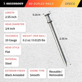 Sandbaggy 8d Duplex Nails (2.55" Length) - Concrete Forms, Scaffolding, Temporary Construction Nails - 10 Gauge Steel, Smooth Shank, Double Headed (1000)