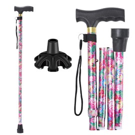 Walking Cane ATMTV Cane for Woman | Mobility & Daily Living Aids | 5-Level Height Adjustable Walking Stick | Comfortable Plastic T-Handle Portable Folding Cane with Replace Tip Green Sakura Pink