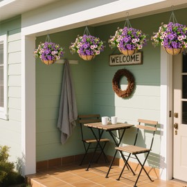 VDVST Artificial Hanging Flowers for Outdoors with Basket,UV Resistant Realistic Faux Hanging Plants Outdoor Artificial Flowers for Outdoors Basket for Yard Porch Patio,12 Bundles(6,Pink,Purple)