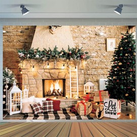 3 x 2 m Photo Background Christmas Fireplace Christmas Tree Gift Photography Background Family Children Photo Shoot Winter Holiday New Year Birthday Party Decorations Banner Photo Studio Props