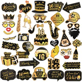 HOWAF 16th Birthday Photo Booth Props, 40Pcs Black Gold 16th Birthday Selfie Props DIY Accessories Glasses Hat Mask, Gift for Girls Boys Sweet 16th Happy Birthday Party Decoration Supplies Favors