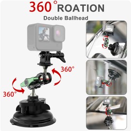 FitStill Suction Cup Mount Perfect Compatible for Go Pro Max Mini Hero 12 11 10 9 8 7 6 5 DJI,Pocket 2,INSTA ONE RS, R,ONE X3, X2, with 1/4"-20 Standard Thread Adapter,Double Ball Head Mechanism