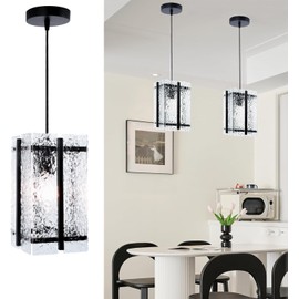 LOCLGPM Modern Black Square Crystal Pendant Light for Kitchen Island 1 Pack, Elegant Water Ripple Glass Pendant Light Fixtures, Adjustable Chandelier for Dining Room, Bedroom, Hallway