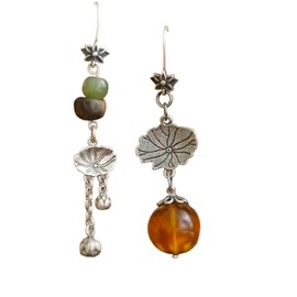 vinsiora Chinese Style Asymmetrical Earrings Woven Design Synthetic Stone Silver Plated Women Daily Wear (Lotus Leaf Earrings)