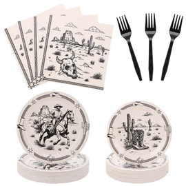 BORAENDEY 200PCS Cowboy Party Supplies Serve 50,Western Cowboy Rodeo Theme Party Paper Plates,Napkins,And Forks Kit for Birthday,Baby Shower Decorations