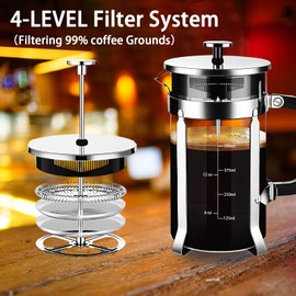 YMMIND French Press Coffee Maker 304 Stainless Steel Coffee Press,with 4 Filters System, Heat Resistant Thickness Borosilicate French Press Glass, BPA-Free Brewed Tea Pot Coffee Plunger(Copper 12oz)