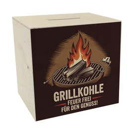 Barbecue Charcoal - Fire-Free Wooden Money Box Perfect Wooden Money Box for Barbecue Fans Dark Brown Tone with Vector Illustration of Burning Charcoal and Flames