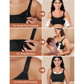 Pumping Bra Hands Free Comfort PatentedClasps Nursing and Pumping Bra in One Seamless Breast Pump Bra All Day Wear Black M