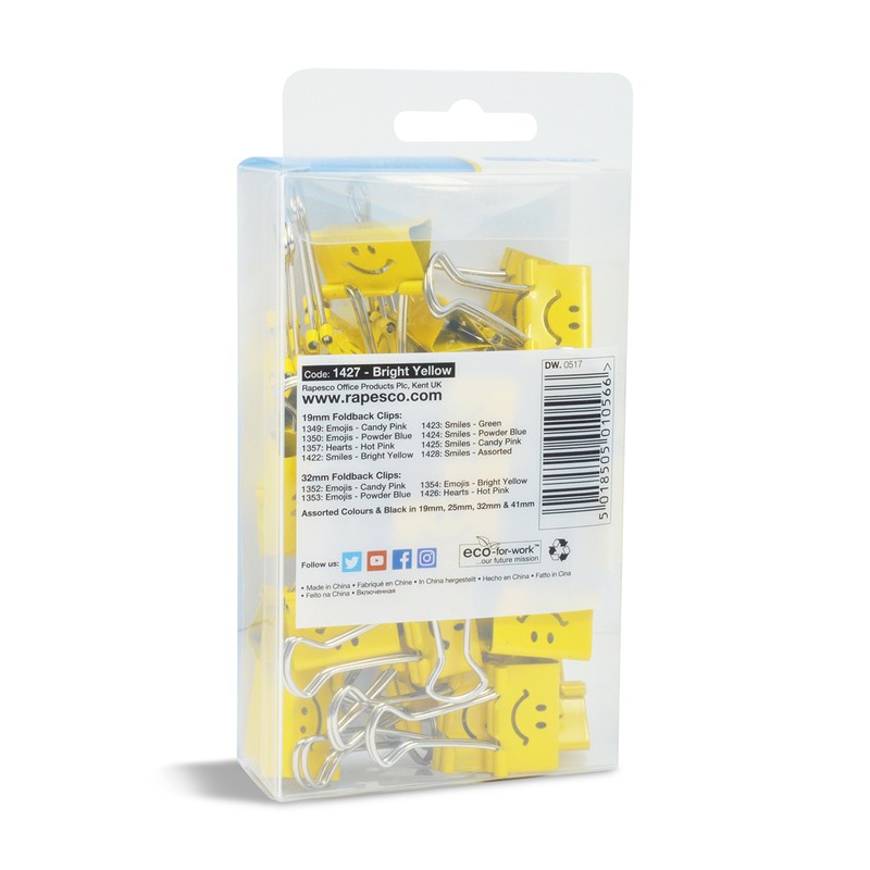 Rapesco 1427 25 mm Smiles Foldback Clips - Bright Yellow
