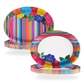 50Pcs Mexican Fiesta Party Plates 10" x 12" Large Disposable 400 GSM Heavy Duty Mexican Floral Stripes Oval Paper Plates Cinco De Mayo Decorations for Baby Shower Mexico Taco Party Supplies