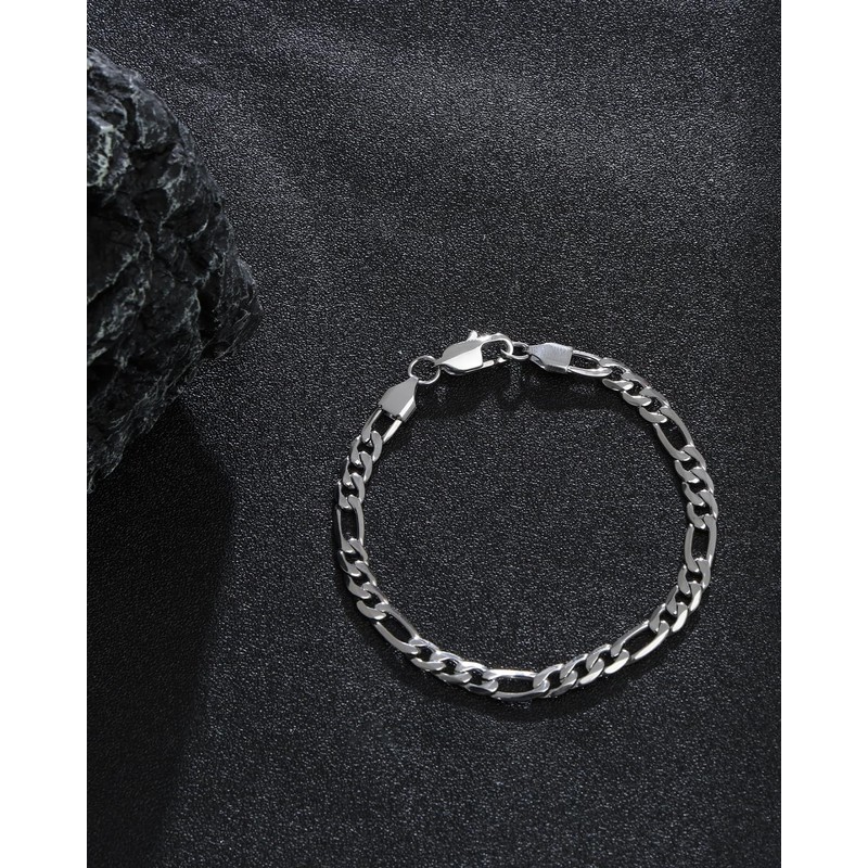LuxGoth Stainless Steel Figaro Link Chain Bracelet Diamond-Cut Figaro Chain