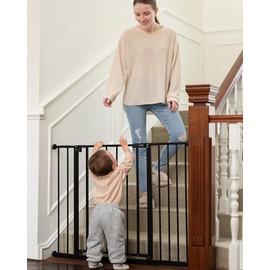 InnoTruth 28.9-42.1" Wide Baby Gate for Stairs, 30" Tall Dog Gates for Doorways Expandable One-Hand Open, Easy Walk Through Dual Lock Metal Pet Gates for Dogs, Black-Family & Mom's Choice Award Winner