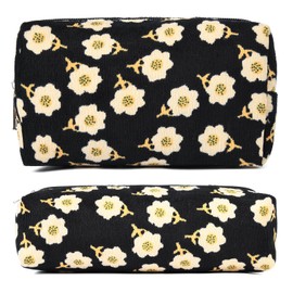 SOIDRAM Makeup Bag Floral Cosmetic Bag Cute Makeup Pouch 1Pcs Large Capacity Makeup Bags and 1Pcs Makeup Brushes Storage Bag Travel Toiletry Bag Organizer, Black Flower
