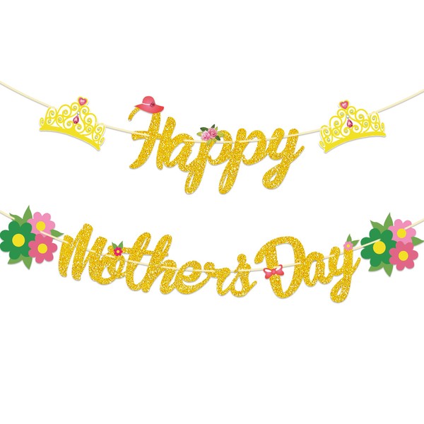 Happy Mother's Day Banner Gold Glitter - Mother's Day Decorations - Mothers Day Party Decorations - Mother's Day Bunting Banner - Mothers Day Garlands - Mothers Day Family Photo Backdrop