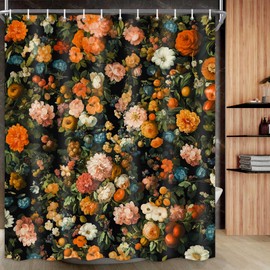 Drgilau Floral Shower Curtain for Bathroom, Vintage Floral Shower Curtain Set Orange Red Flower Plants Bathroom Curtain Decor, Waterproof Boho Floral Shower Curtain with 12 Hooks 72X84 Inch