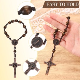 Jeyiour 96 Pcs Christian Catholic Favor Set Include 32 Finger Christian Rosaries Beads with Crucifix, 32 Organza Bags and 32 God Bless Tags Christening Wedding Party Favors(Dark Wood)