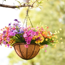 KIDYBELL 4 Pack 12 Inch Hanging Baskets for Plants Outdoor Metal Hanging Planter Basket with Coco Coir Liner Hanging Flower Baskets Hanging Flower Pots Holder for Garden, Patio(Watermelon)