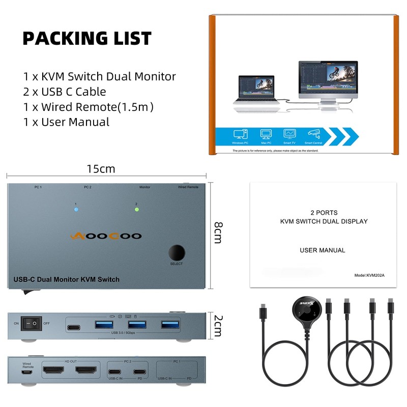 USB C KVM Switch 4K@60Hz, Dual Monitor KVM Switch for