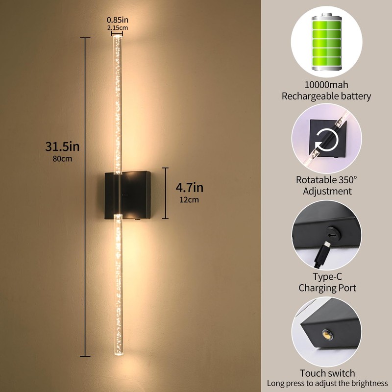 CNMYKYDS Set of 2 Battery Powered Wall Sconces, Wireless Wall
